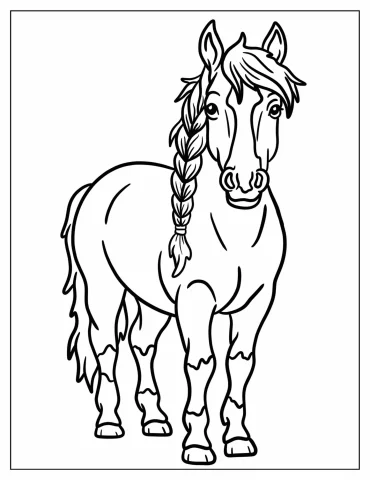 Easy Horse with Braided Mane Coloring Sheet for Preschoolers