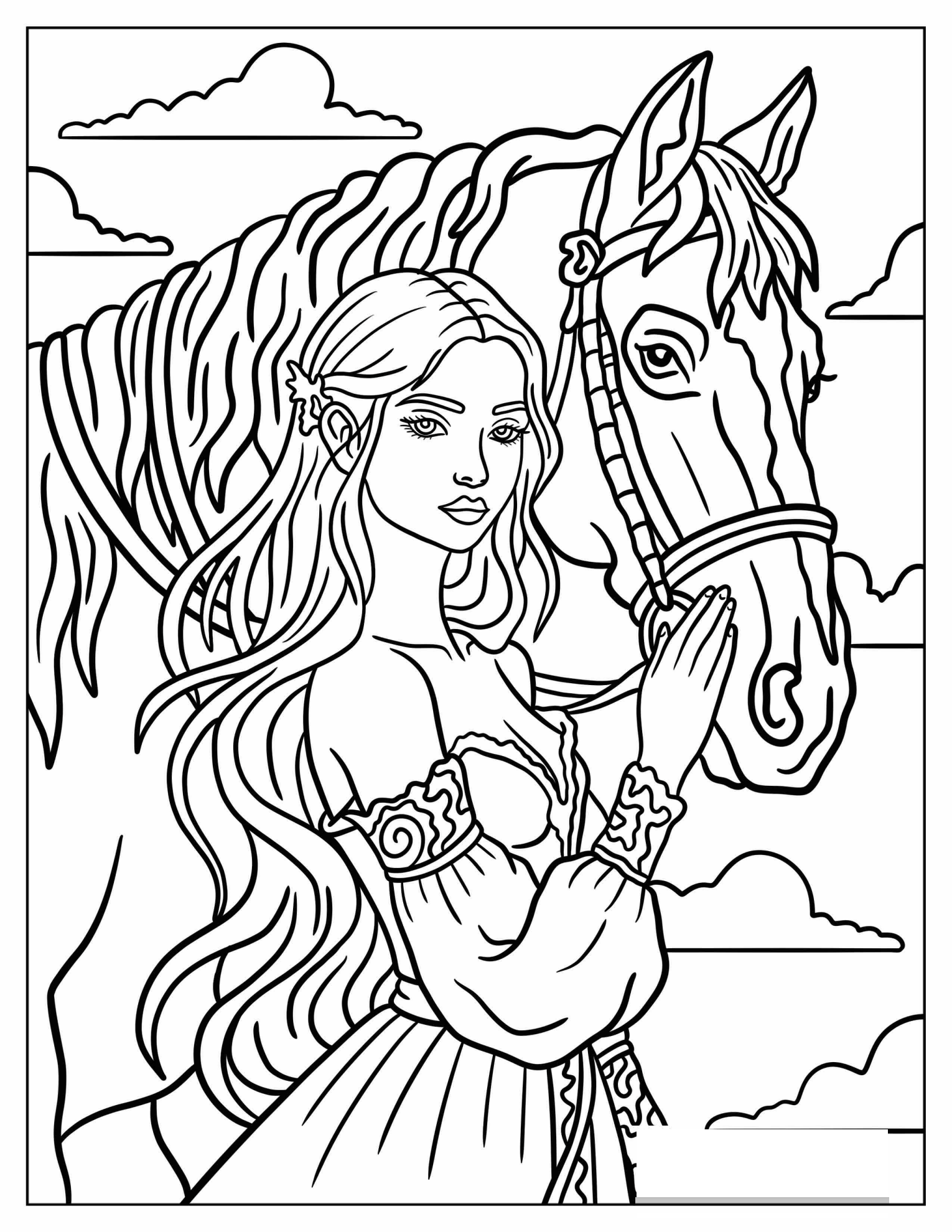 Beautiful Lady Holding Her Horse Coloring Sheet
