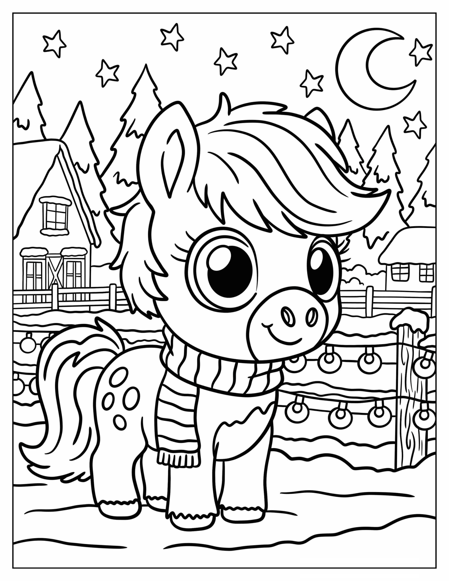 Little Horse with Spots and Scarf in the Snow Coloring Sheet for Preschoolers