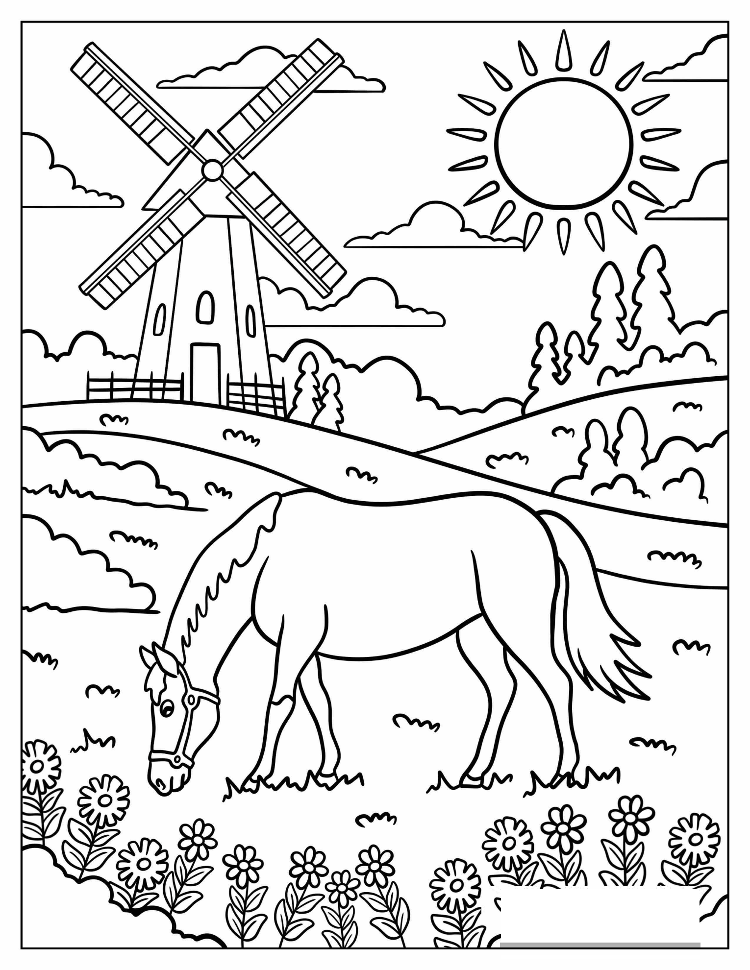 Horse Eating Grass in a Meadow with Windmill Coloring Page