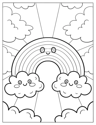 Easy Rainbow With Smiling Faces Coloring Sheet For Kids