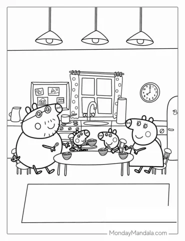 Peppa Pig Family Eating Dinner At Table Coloring