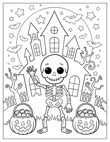 Smiling Skeleton Trick or Treating in Front of a Haunted House Coloring Sheet for Kids