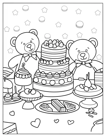Two Teddy Bears With Tiered Cakes And Desserts Coloring Sheet