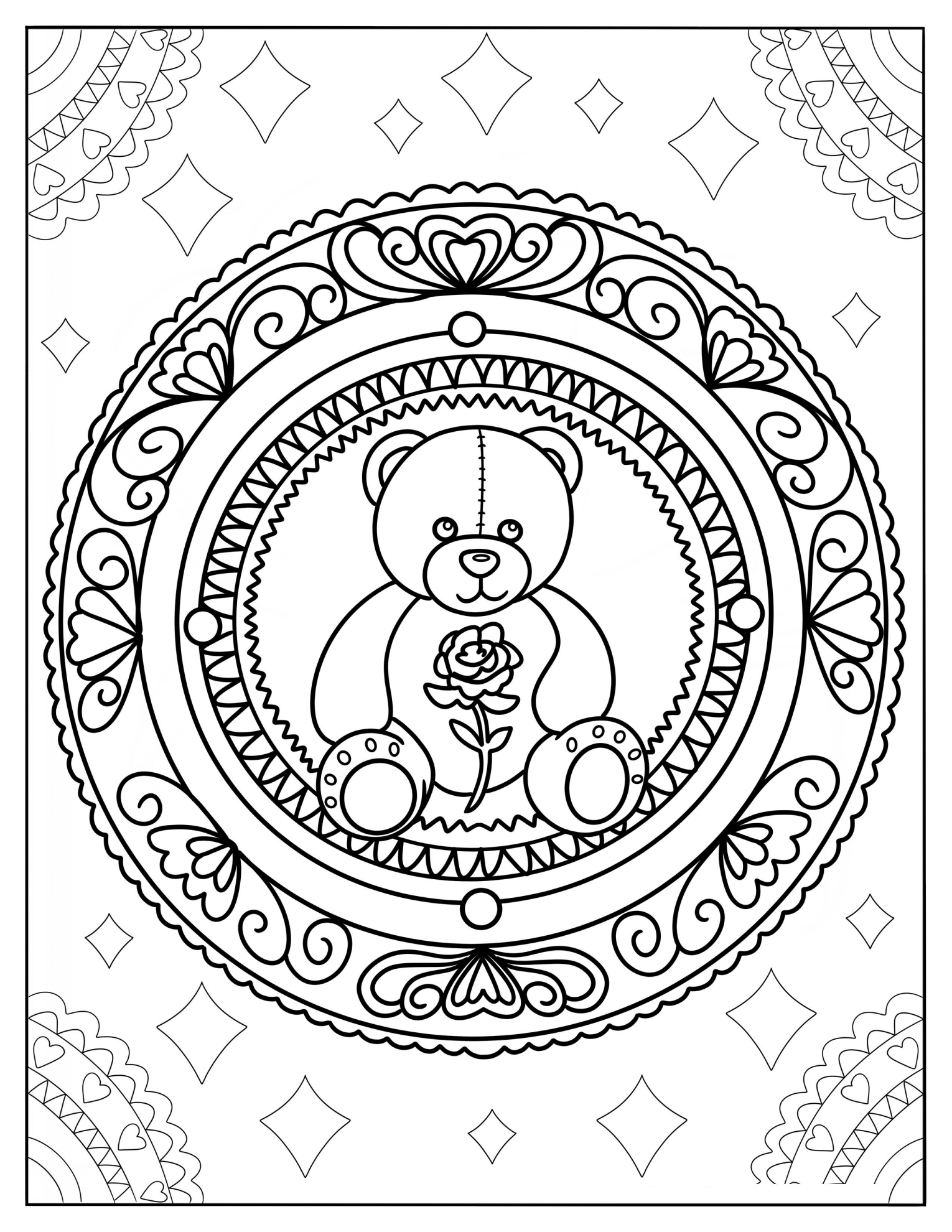 Teddy Bear Mandala With A Rose Coloring Sheet