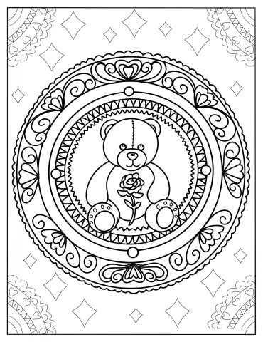 Teddy Bear Mandala With A Rose Coloring Sheet