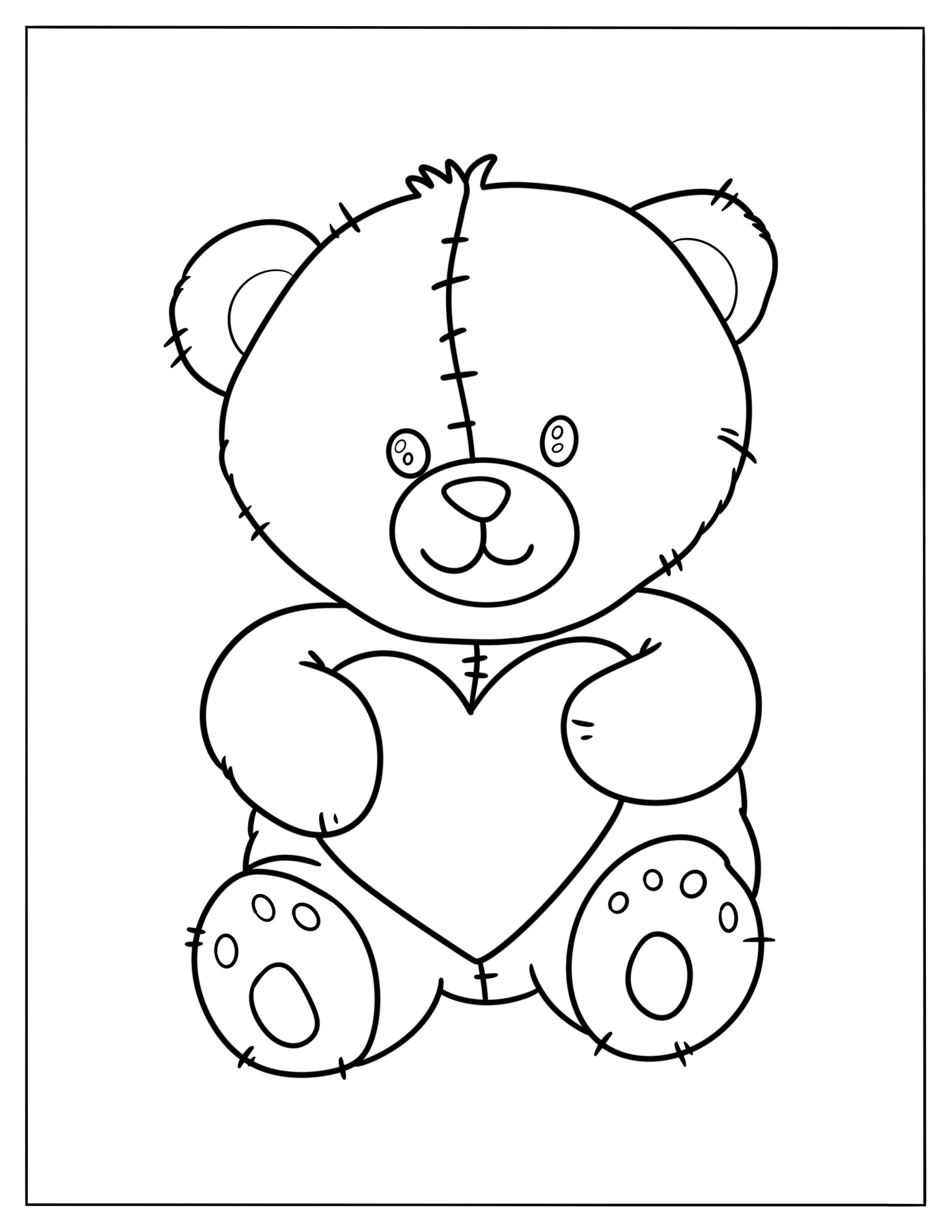 Simple Teddy Bear With Stitches Holding A Heart Coloring Page