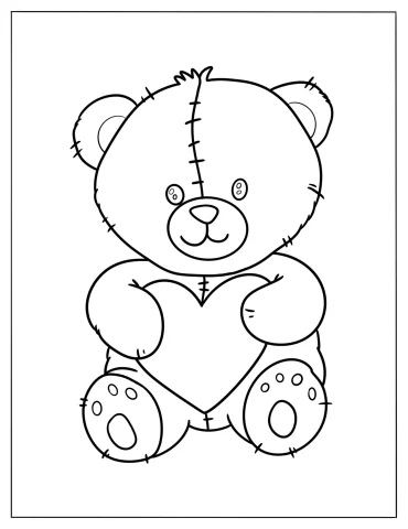 Simple Teddy Bear With Stitches Holding A Heart Coloring Page