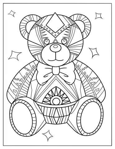 Intricate Geometric Teddy Bear With Large Bowtie Coloring Sheet