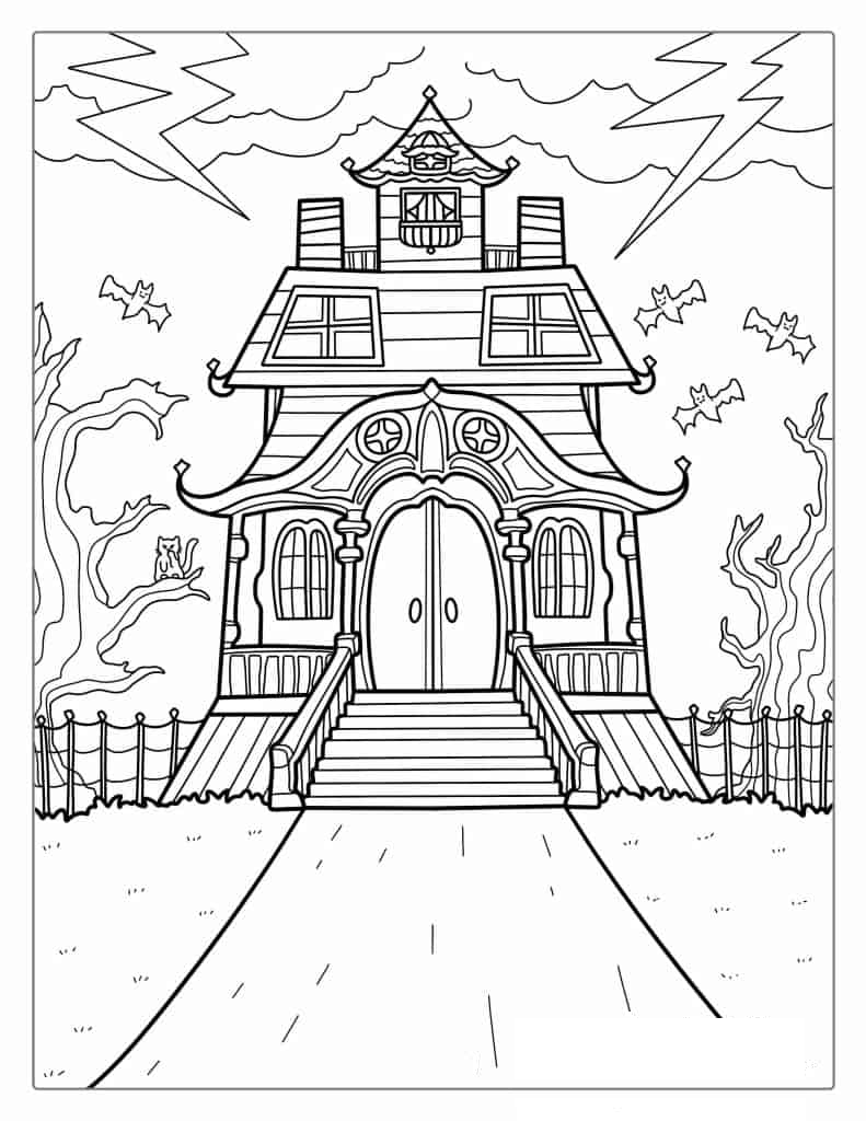 Detailed Haunted House Coloring Page For Kids