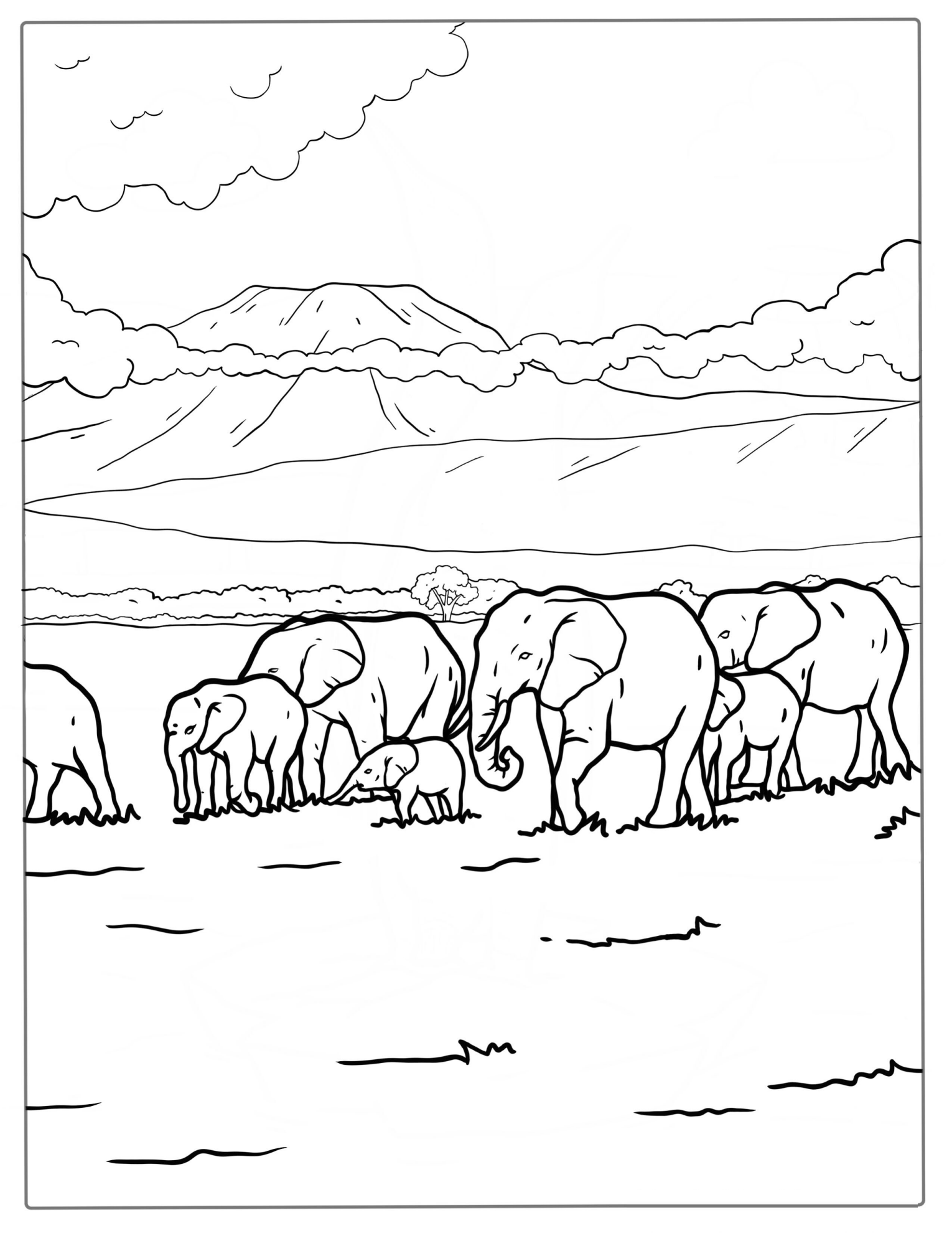 Herd Of Elephants Coloring Page For Kids