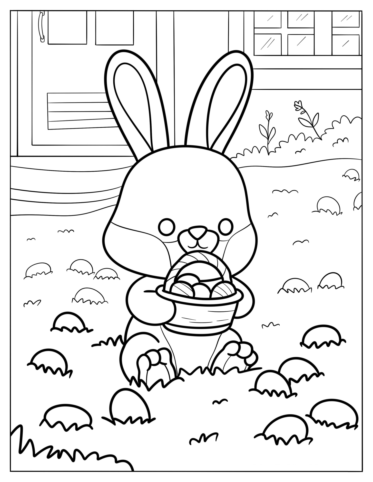 Cartoon Rabbit Hugging A Basket Of Easter Eggs Coloring Page