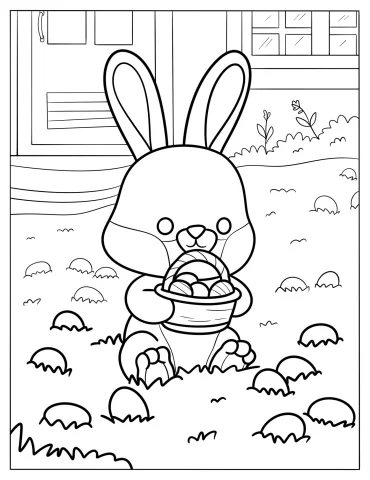 Cartoon Rabbit Hugging A Basket Of Easter Eggs Coloring Page