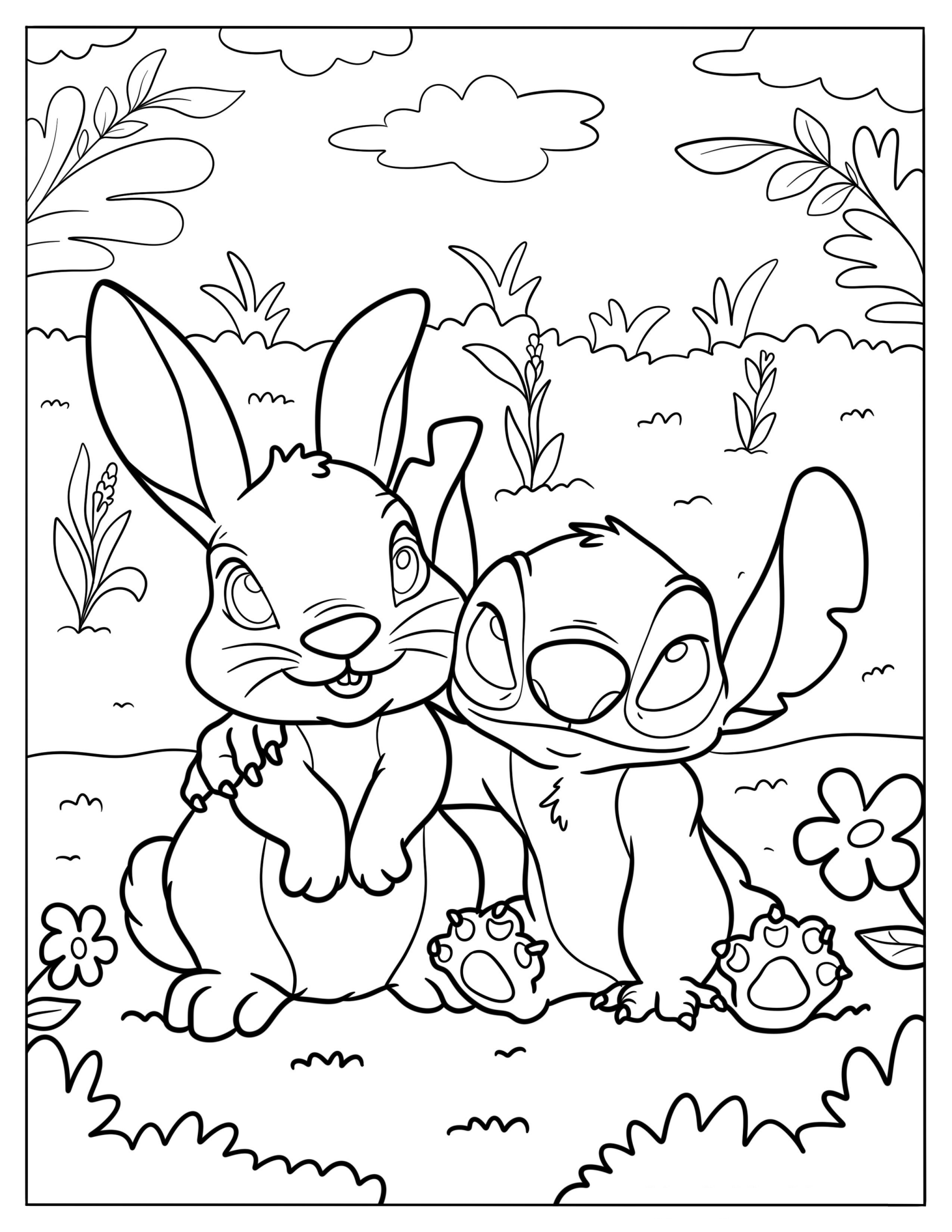 Stitch With His Arm Around A Rabbit Coloring Sheet