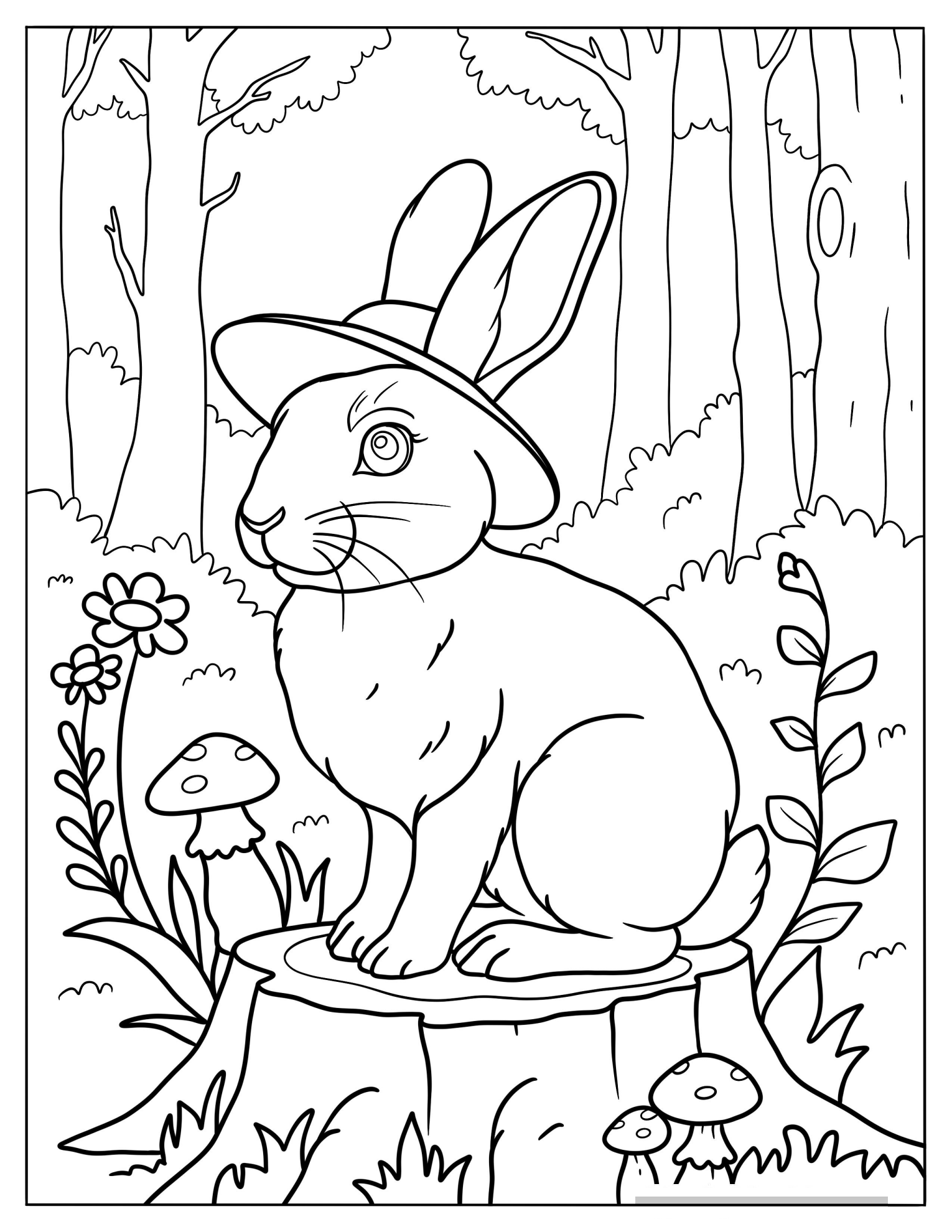 Rabbit With A Hat Sitting On A Tree Stump