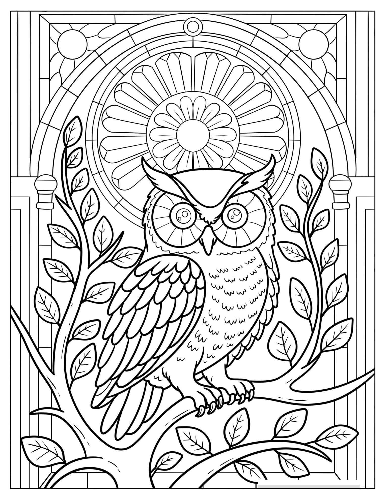 Majestic Owl on a Branch in Front of a Stained Glass