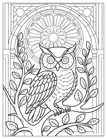 Majestic Owl on a Branch in Front of a Stained Glass