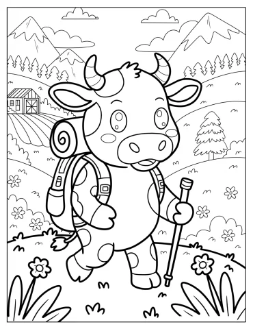 Hiking Cow With Backpack In Scenic Mountain Valley Coloring Page for Kids