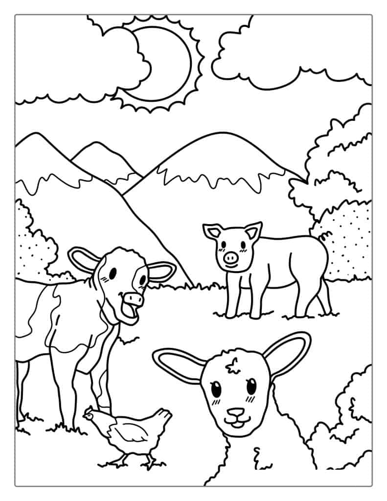 Baby Cow With Pig Chicken And Pig Coloring Sheet