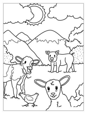 Baby Cow With Pig Chicken And Pig Coloring Sheet
