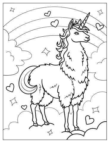 Mystical Llama Unicorn in Clouds With Love Hearts Coloring Sheet