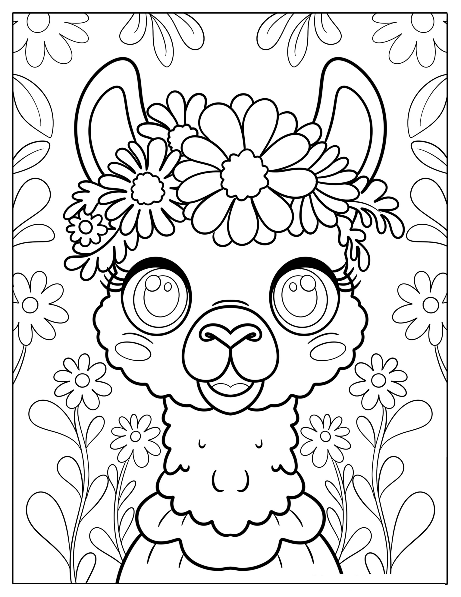 Floral Crown Llama Surrounded by Daisy Blooms Coloring Page