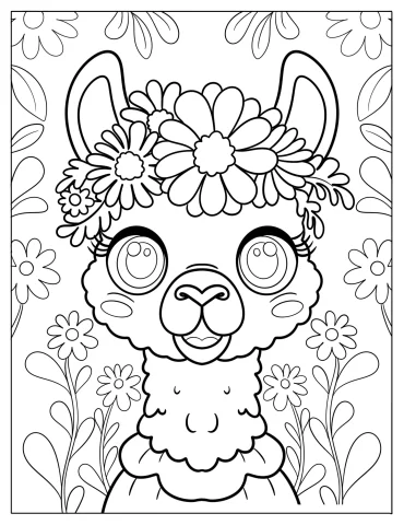 Floral Crown Llama Surrounded by Daisy Blooms Coloring Page