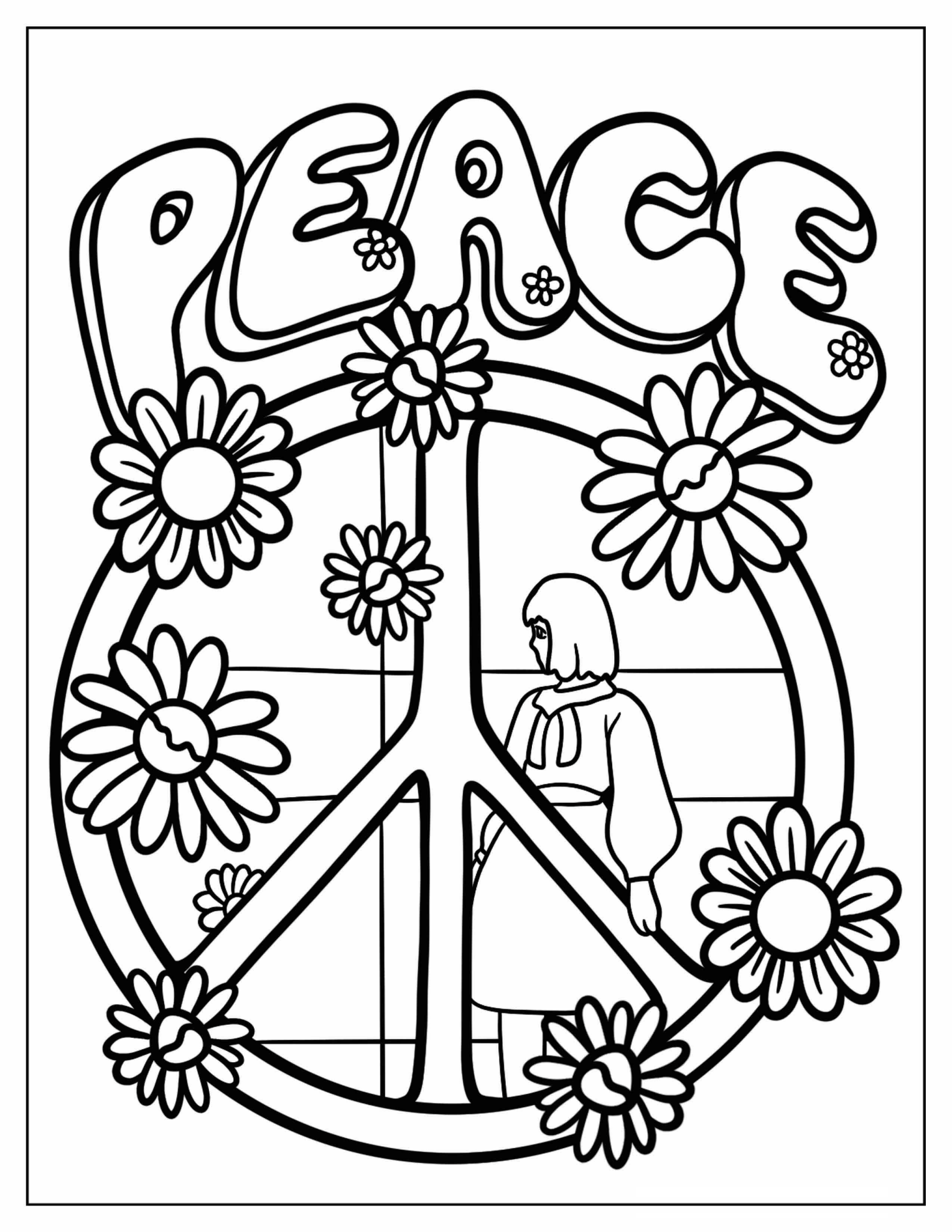 Peace Word And Symbol With Woman And Flowers Coloring Sheet