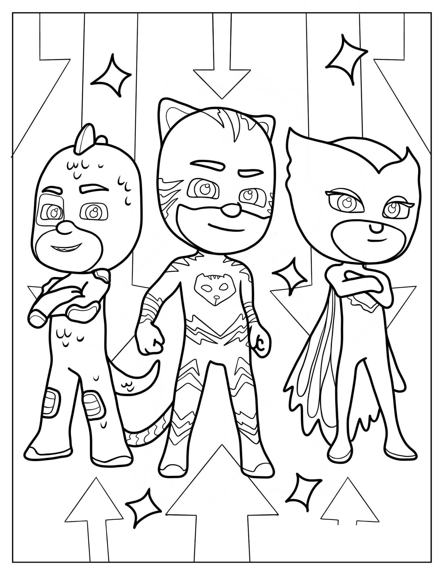 Simple Owlette, Gekko, And Catboy Standing With Arms Crossed Coloring Page