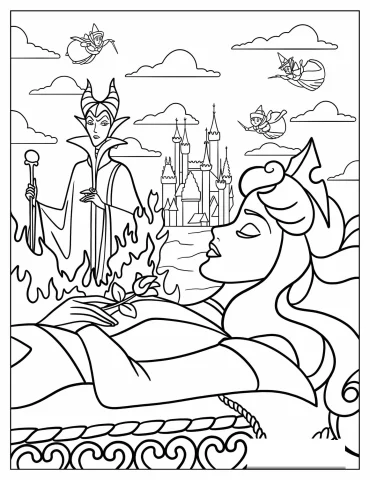 Princess Aurora Deep Asleep Outside The Castle With Maleficent And The Fairies Watching Coloring Page