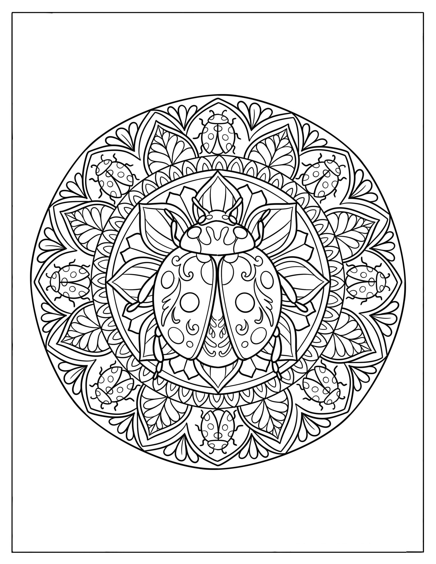 Ladybug with Leaf and Flower Mandala Design