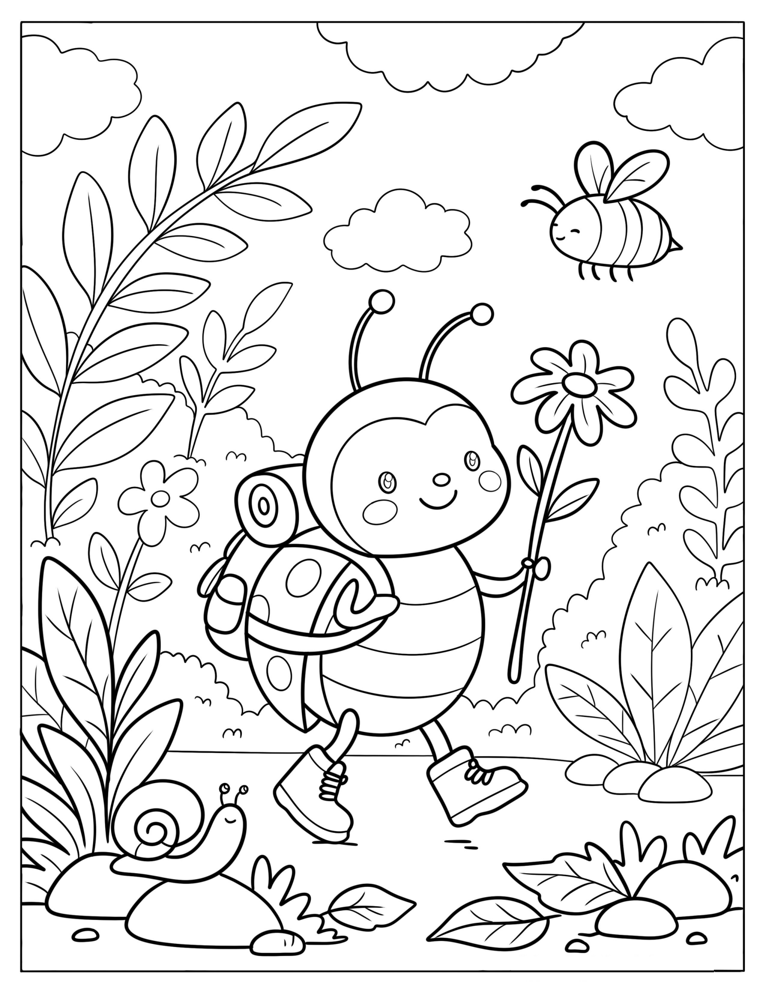Ladybug Walking with a Flower in the Garden Coloring Page for Kids