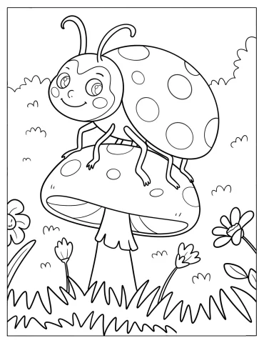 Ladybug Sitting on a Mushroom in the Garden Coloring Page for Preschoolers