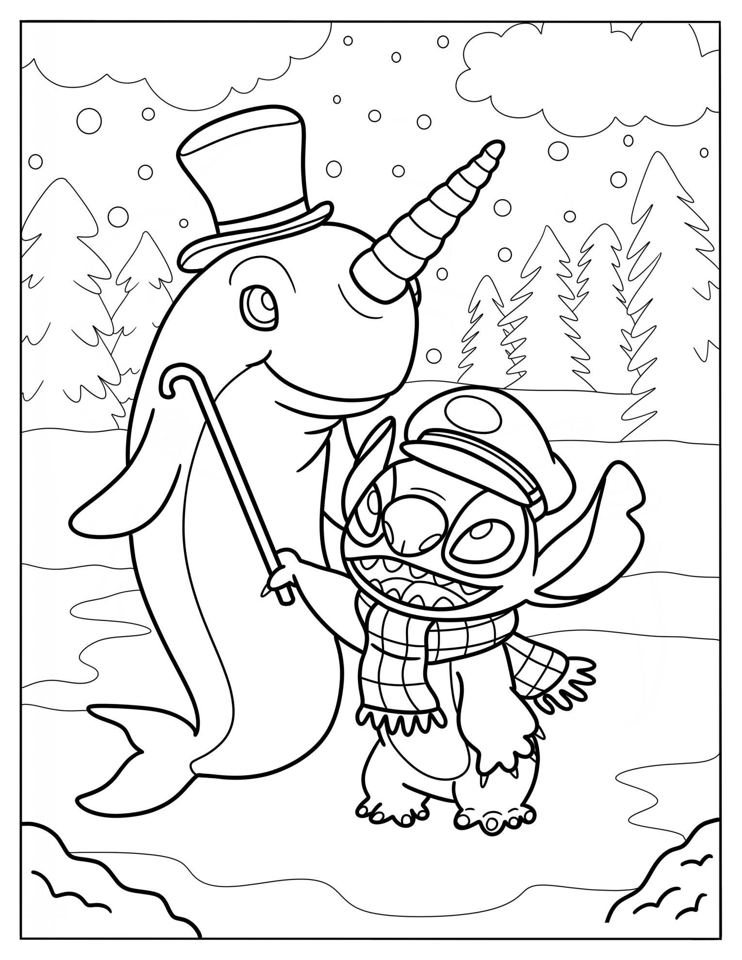 Narwhal With Top Hat Standing With Stitch In The Snow