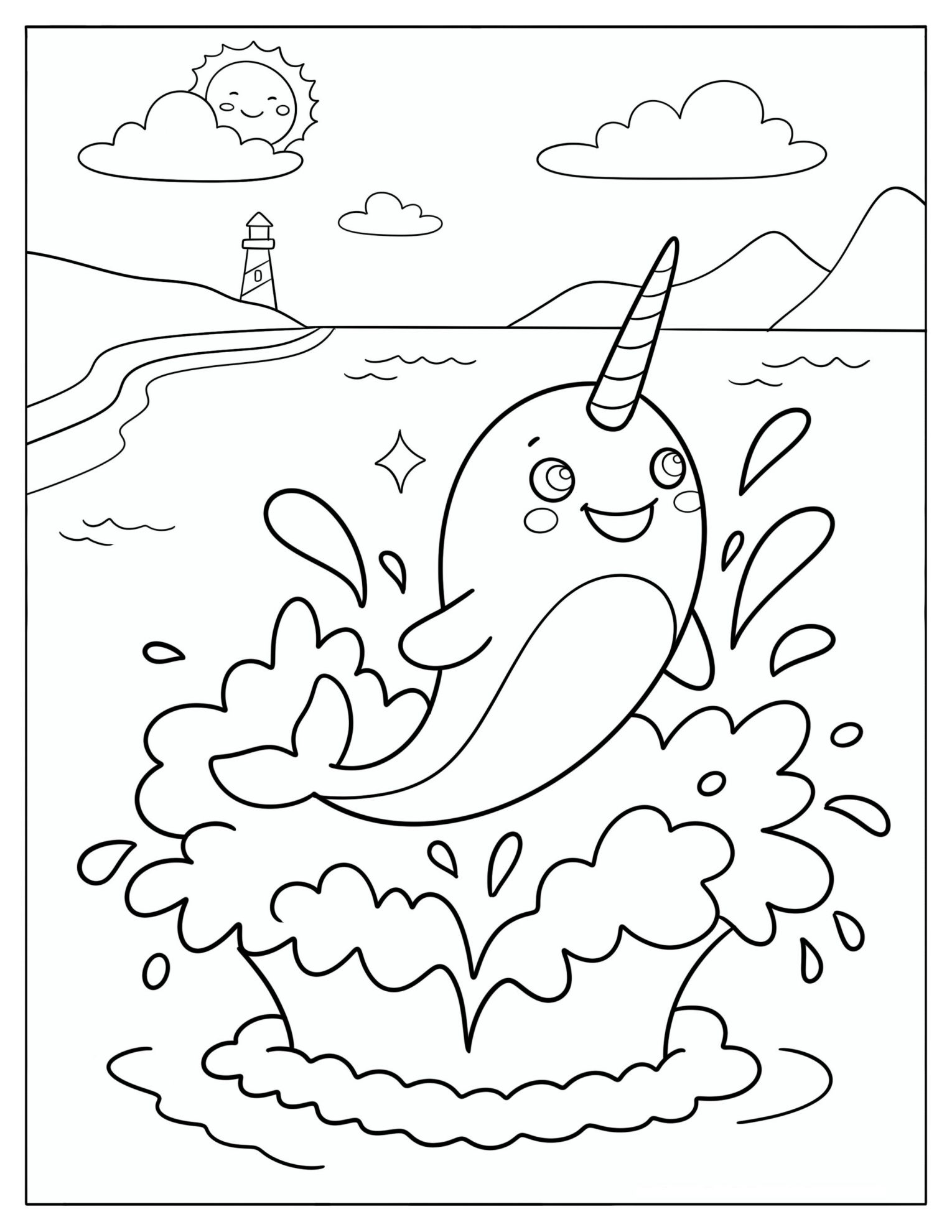 Narwhal Leaping Out of the Water Coloring Sheet