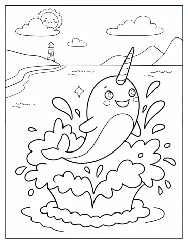 Narwhal Leaping Out of the Water Coloring Sheet