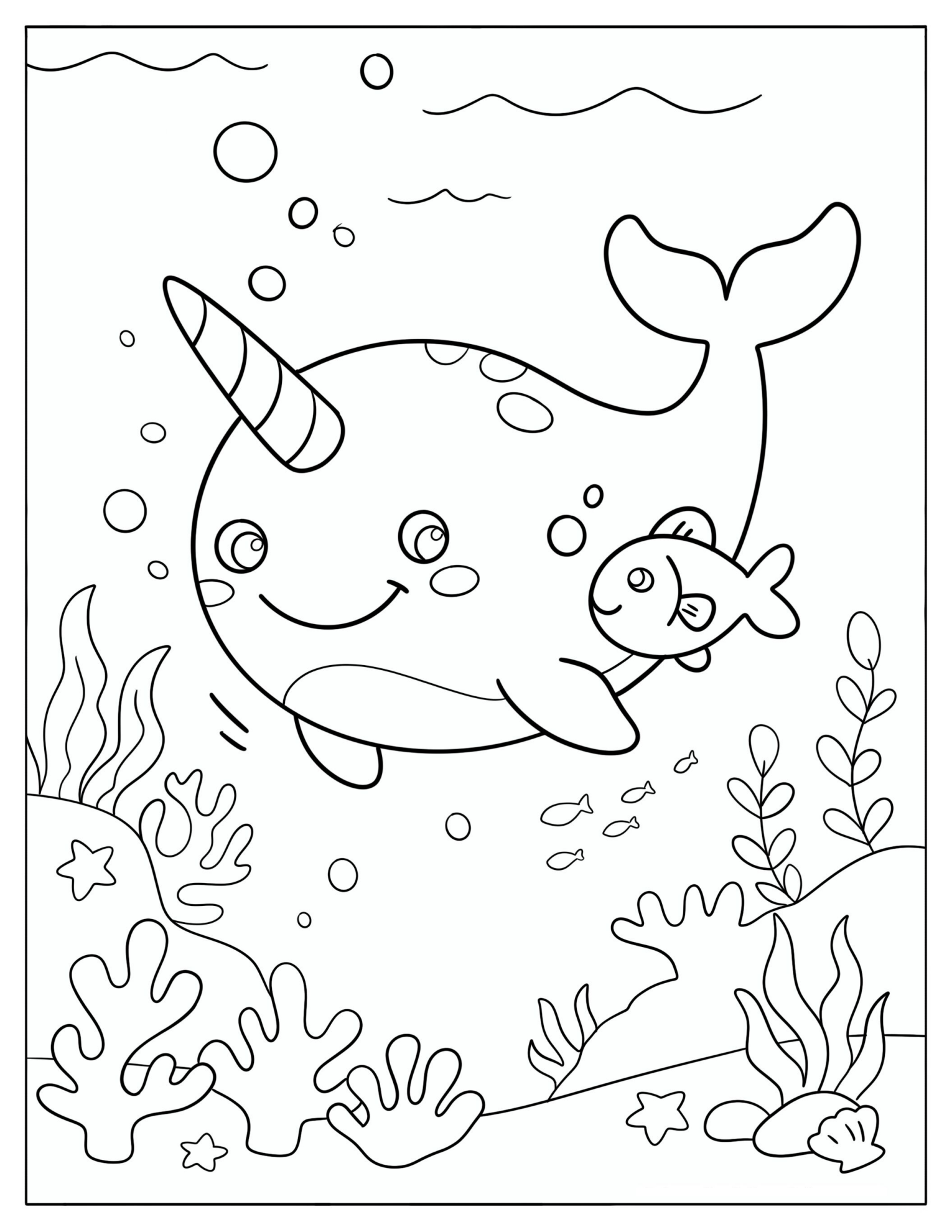 Friendly Narwhal Swimming with a Fish Coloring Sheet
