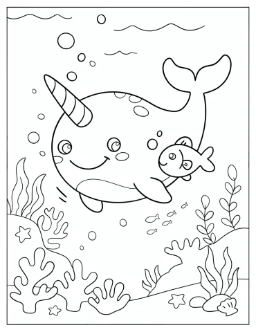 Friendly Narwhal Swimming with a Fish Coloring Sheet