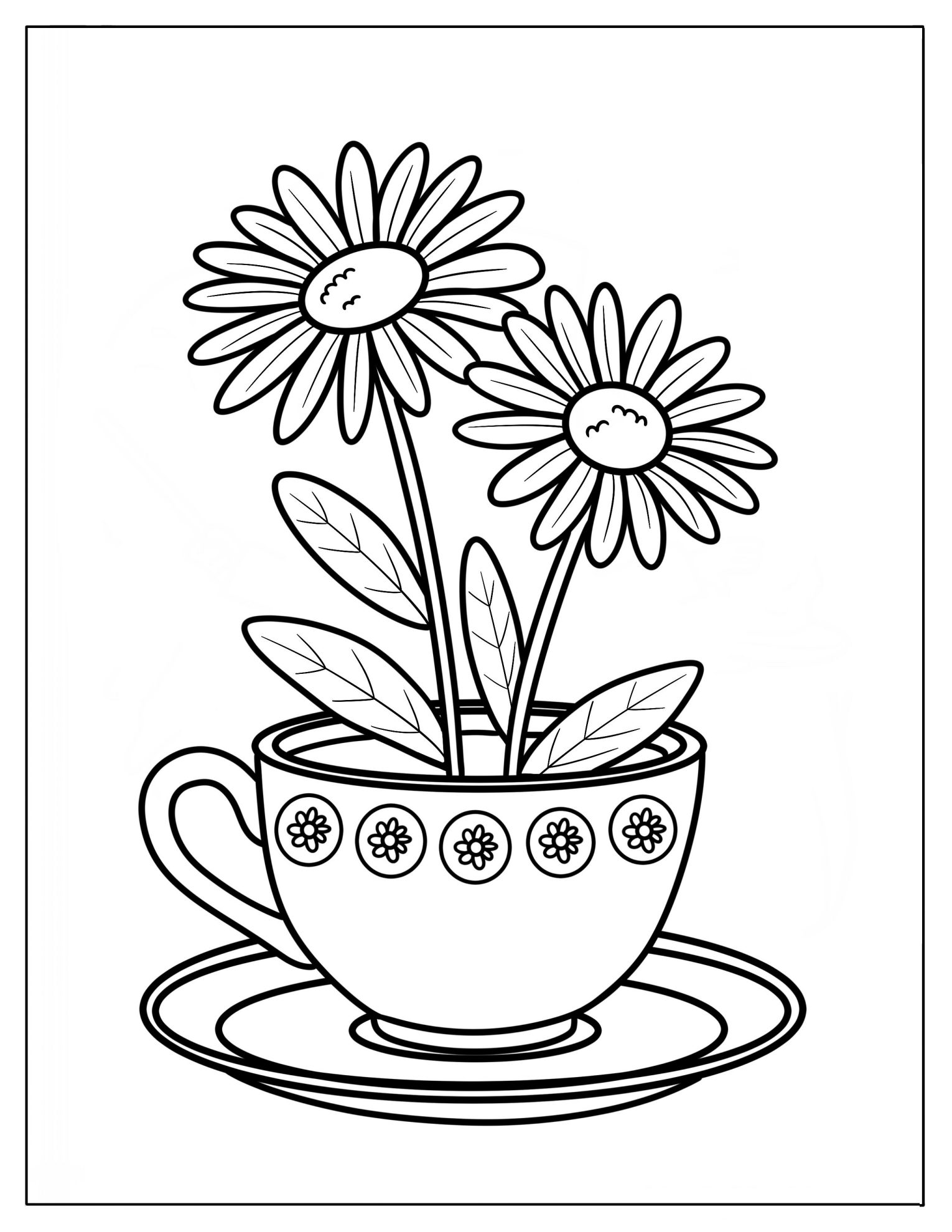 Charming Teacup Holding Twin Daisies with Leaves Coloring Page