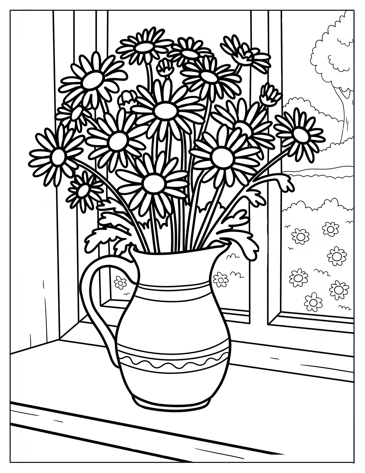 Rustic Pitcher Holding Fresh Daisies by the Window Coloring Page