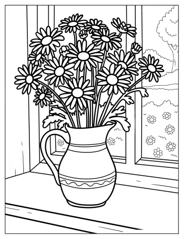 Rustic Pitcher Holding Fresh Daisies by the Window Coloring Page
