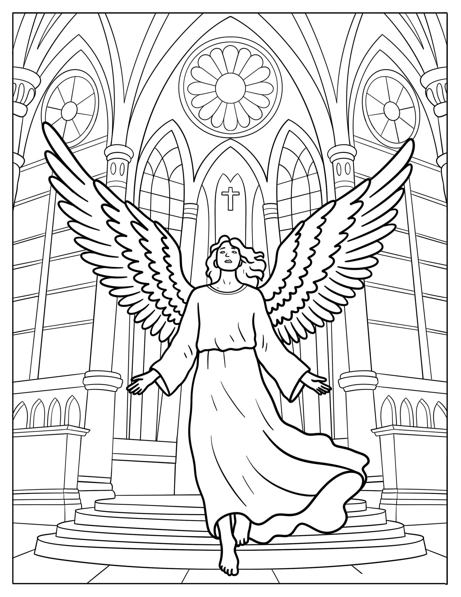 Realistic Angel With Large Wings Inside A Cathedral Coloring Sheet