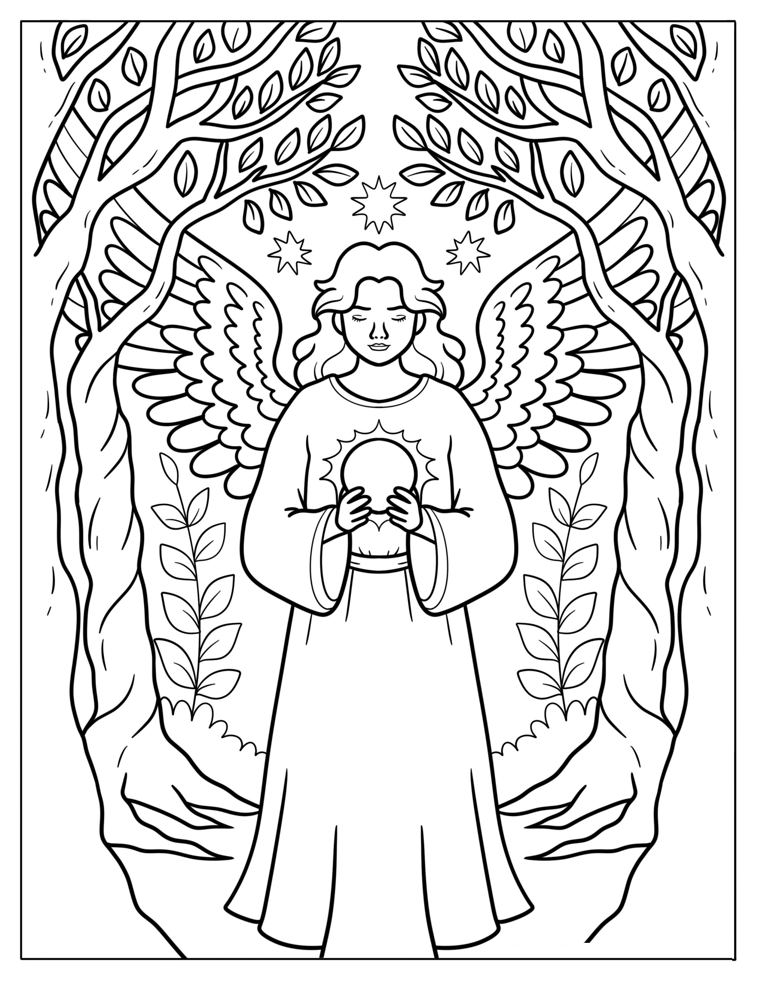 Heavenly Angel With Wings And Glowing Light In Sacred Grove