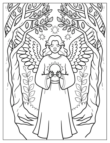 Heavenly Angel With Wings And Glowing Light In Sacred Grove
