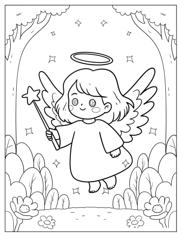 Cute Angel With Wand Floating In Magical Forest Coloring Page For Preschoolers