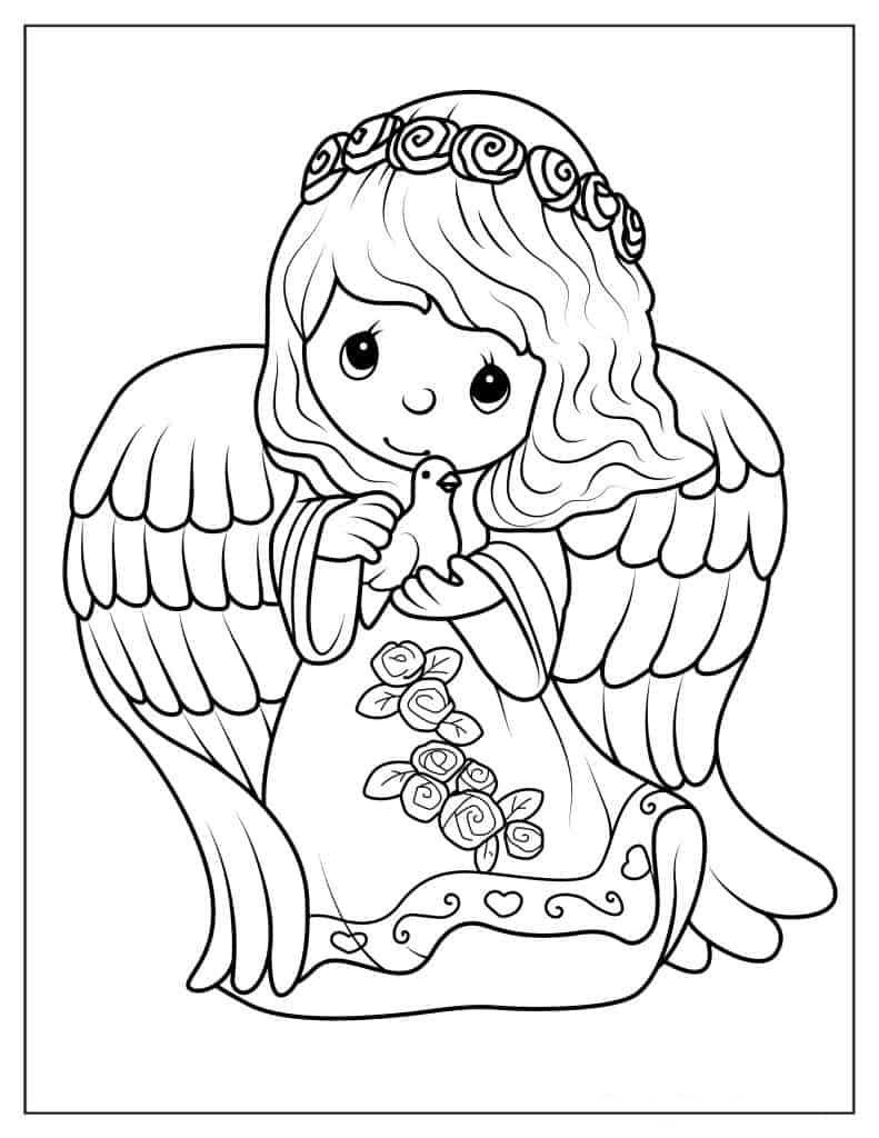 Adorable Angel Girl Holding a Dove To Color