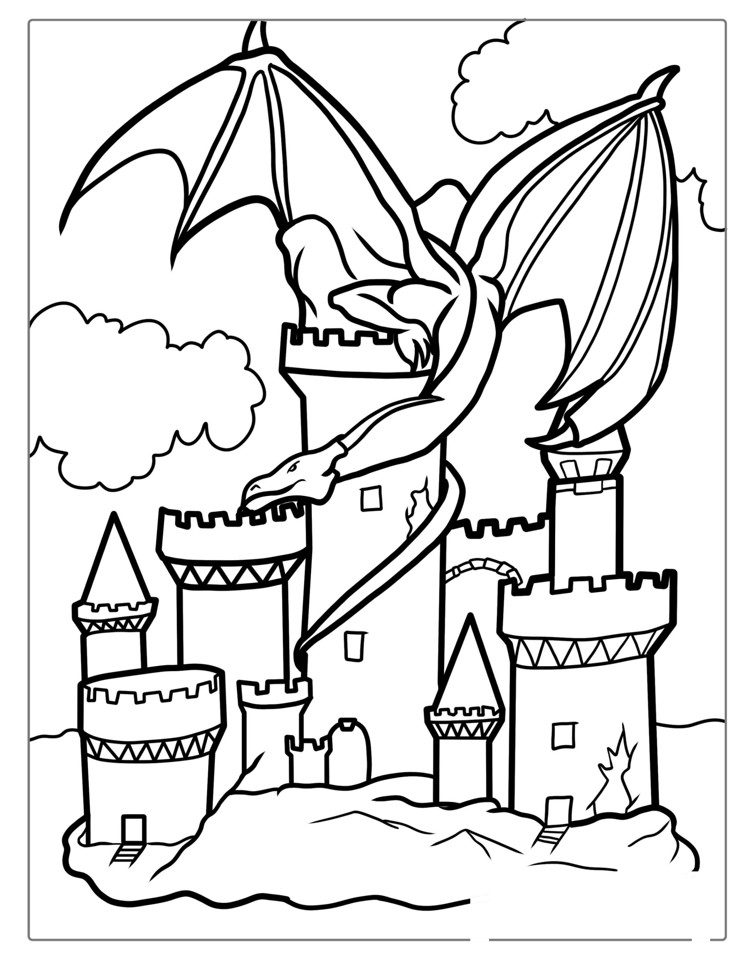 Middle Ages Castle With Dragon Coloring Sheet