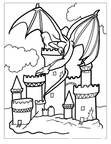 Middle Ages Castle With Dragon Coloring Sheet