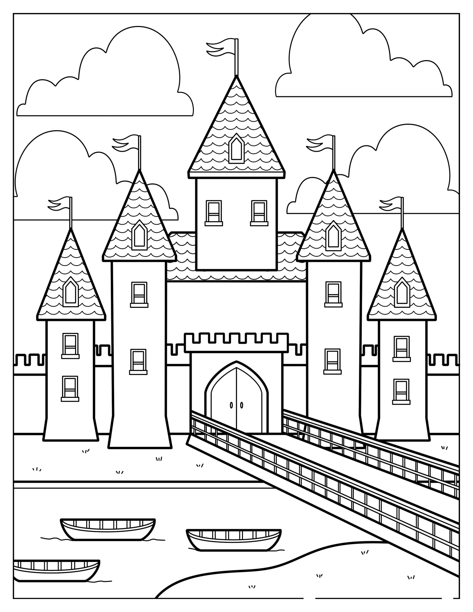 Castle With Bridge Over A River Coloring Page