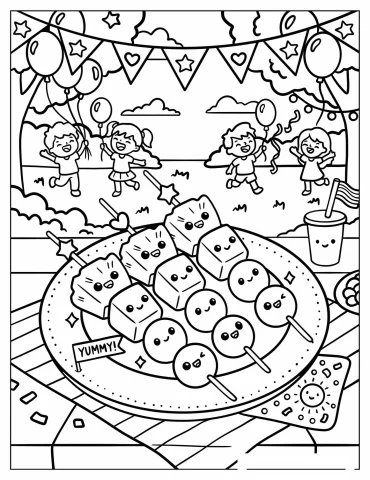 Birthday Party with a Plate of Fruit Skewers Coloring Page